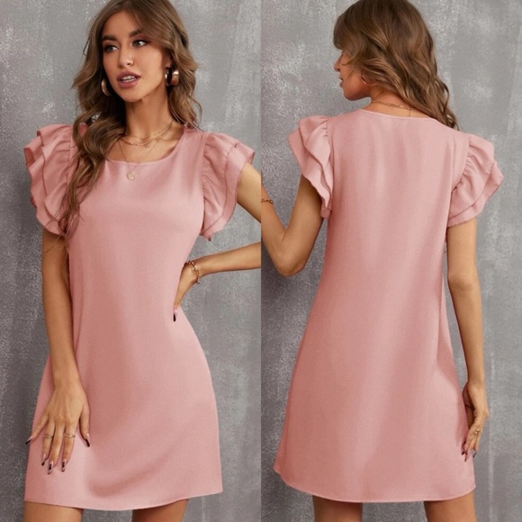 Ruffle frill layered short sleeve tunic dress business casual cocktail baby blue - Picture 6 of 11